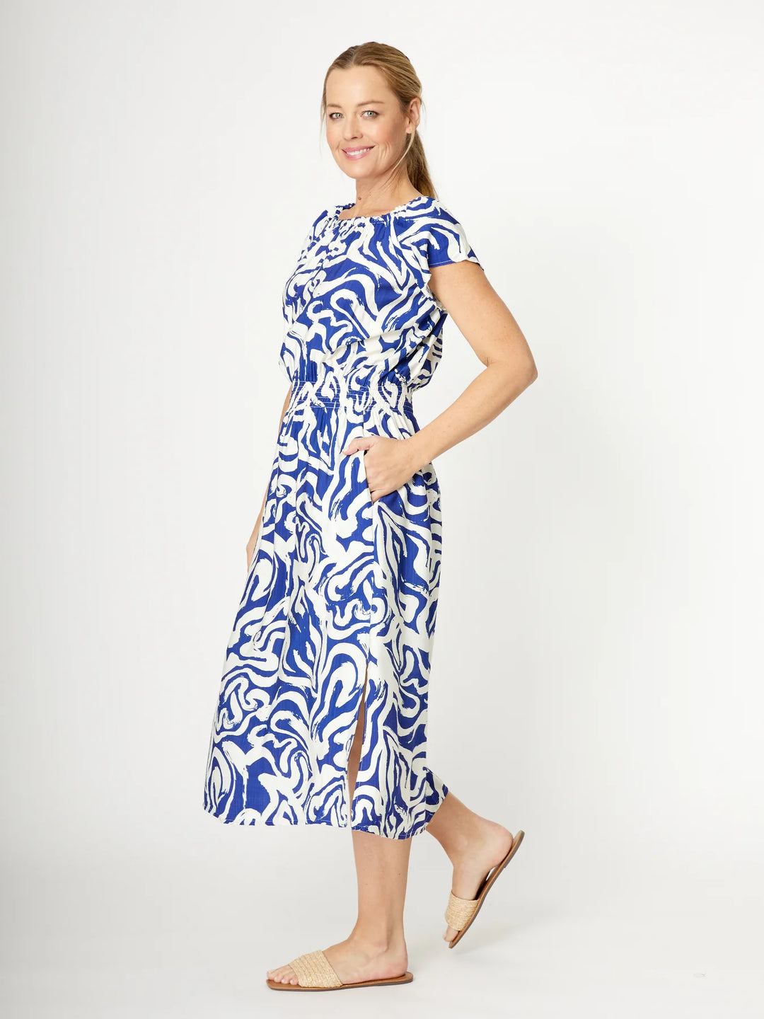 Shirred Waist Dress – Blue Print Midi Dress