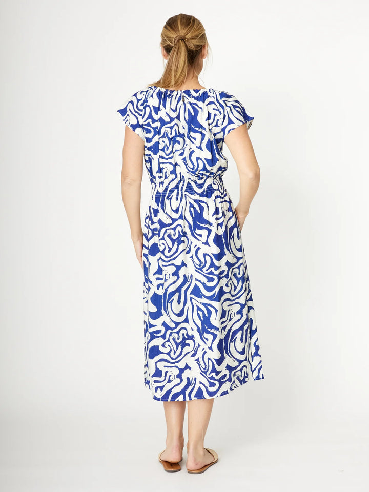 Shirred Waist Dress – Blue Print Midi Dress