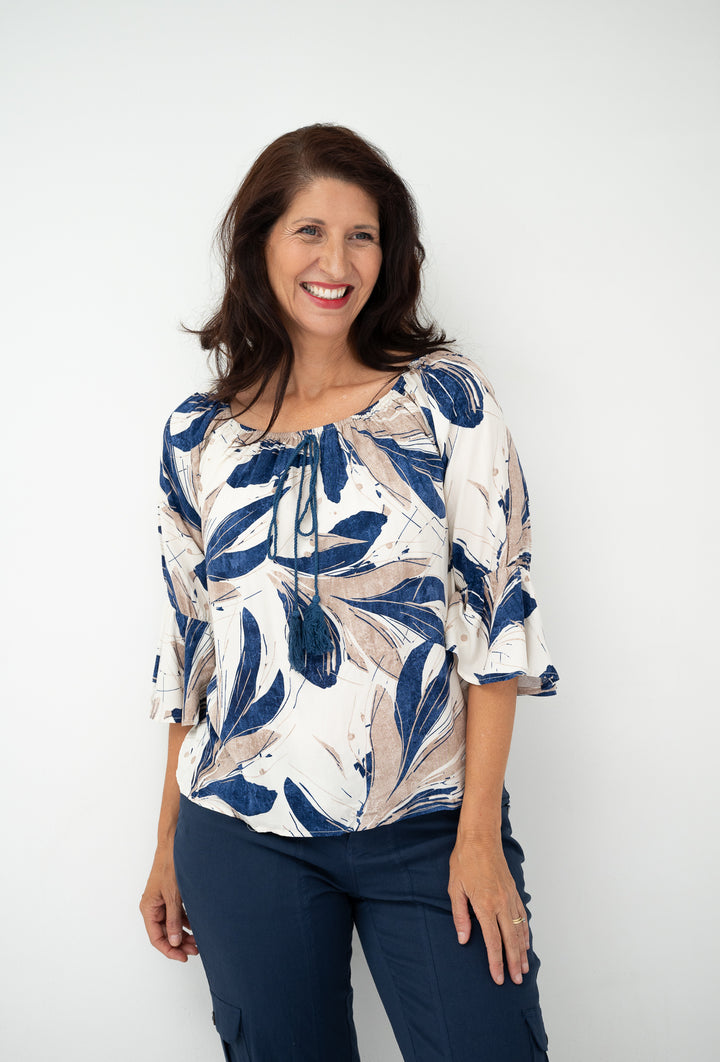 Blue Leaves Peasant Top