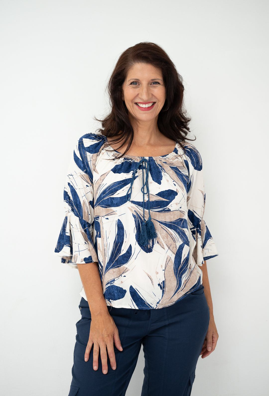 Blue Leaves Peasant Top