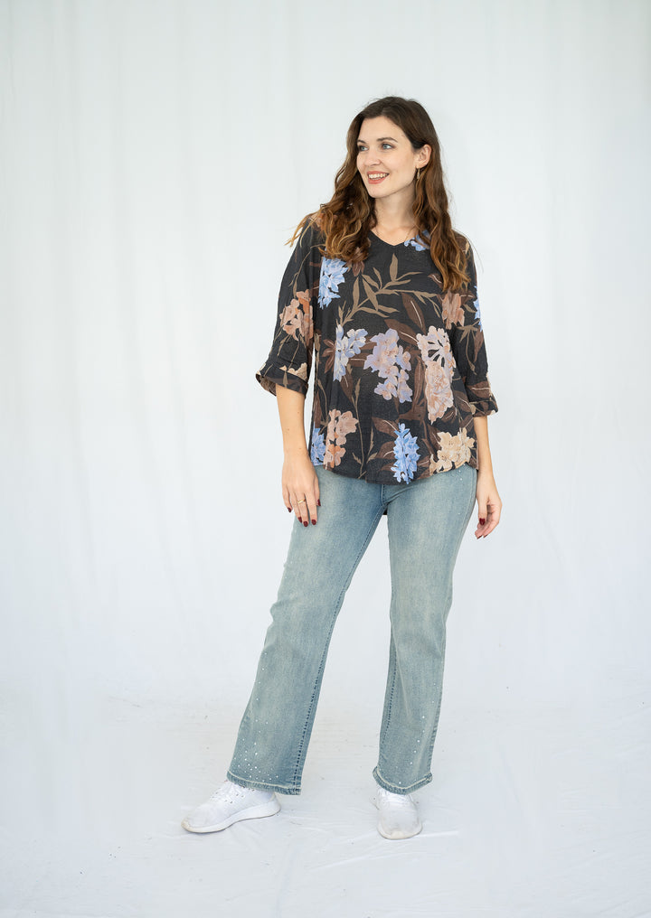 Willow Tree Button Back Top – Black Floral