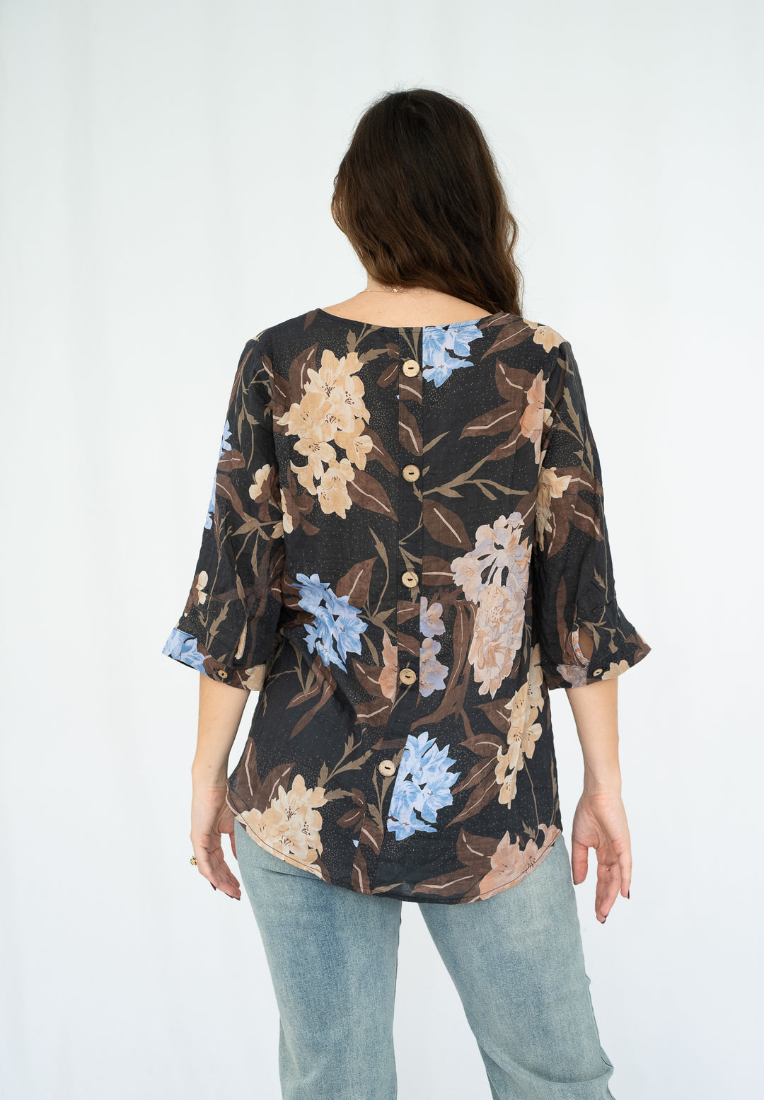 Willow Tree Button Back Top – Black Floral