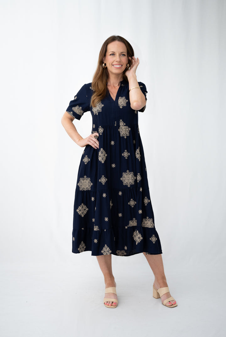 Midnight Gold Midi Dress