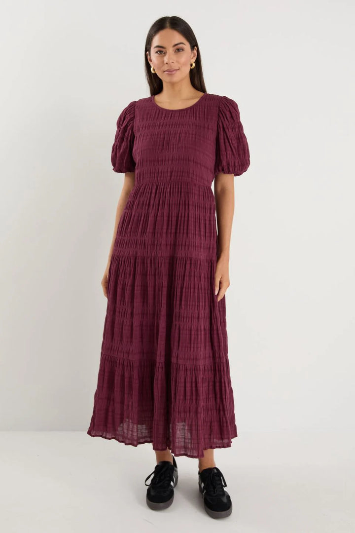 Graceful Burgundy Shirred Maxi Dress