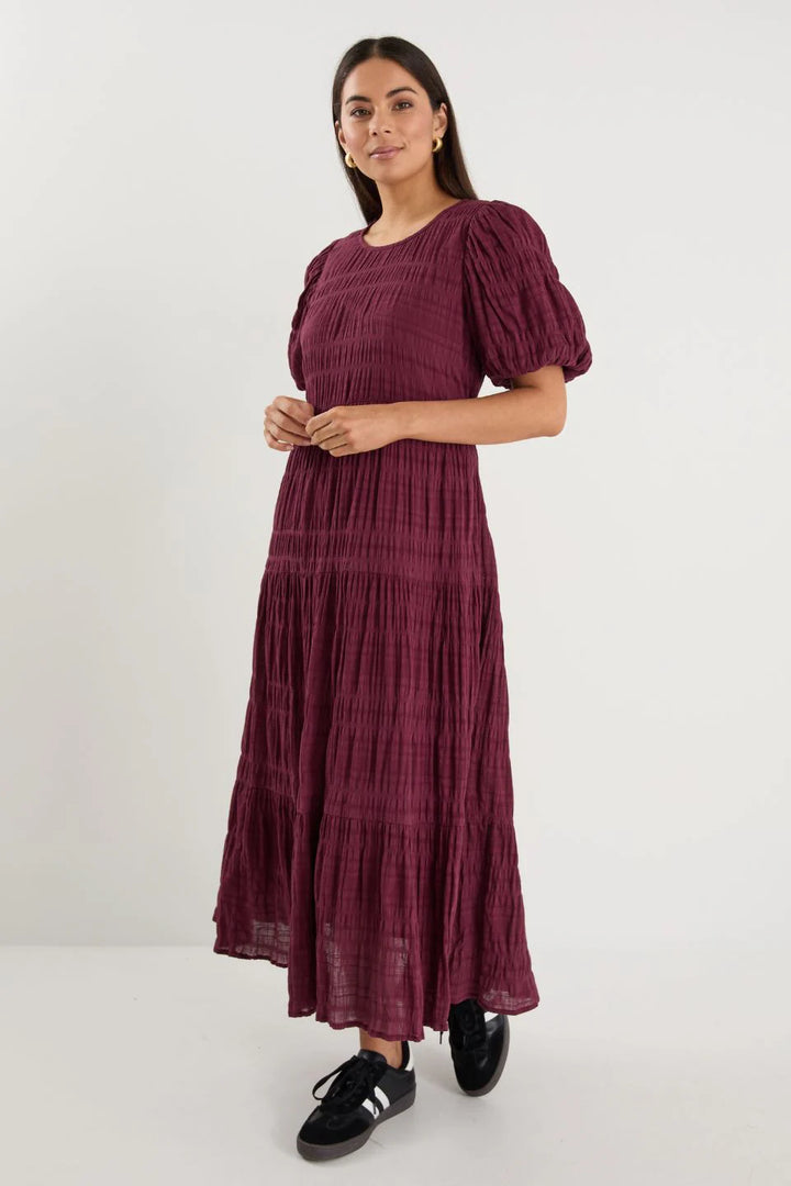 Graceful Burgundy Shirred Maxi Dress