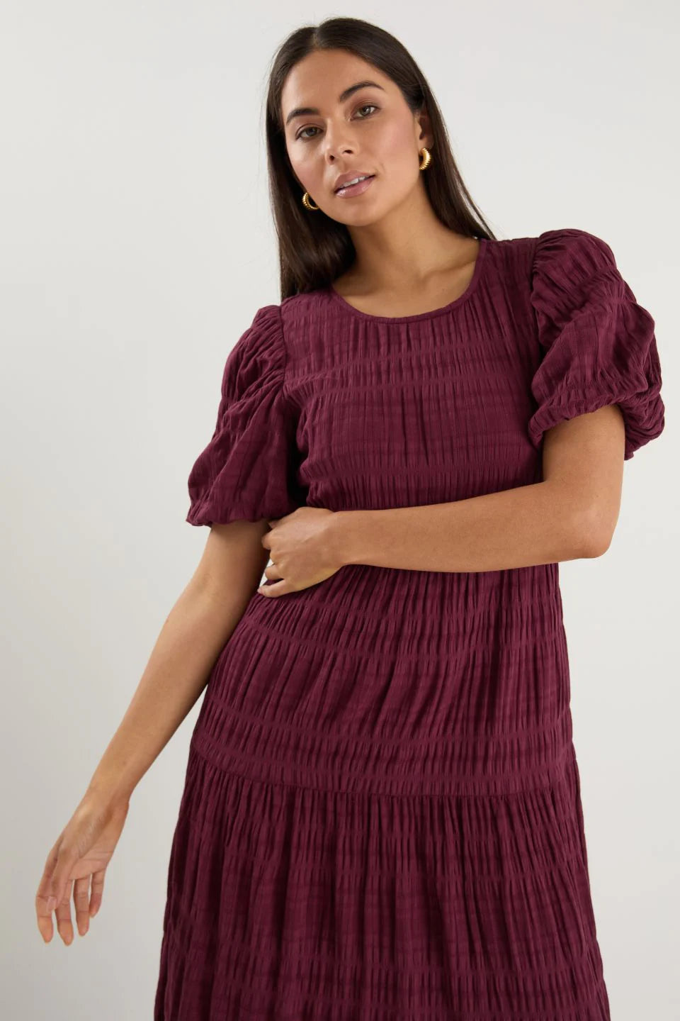 Graceful Burgundy Shirred Maxi Dress