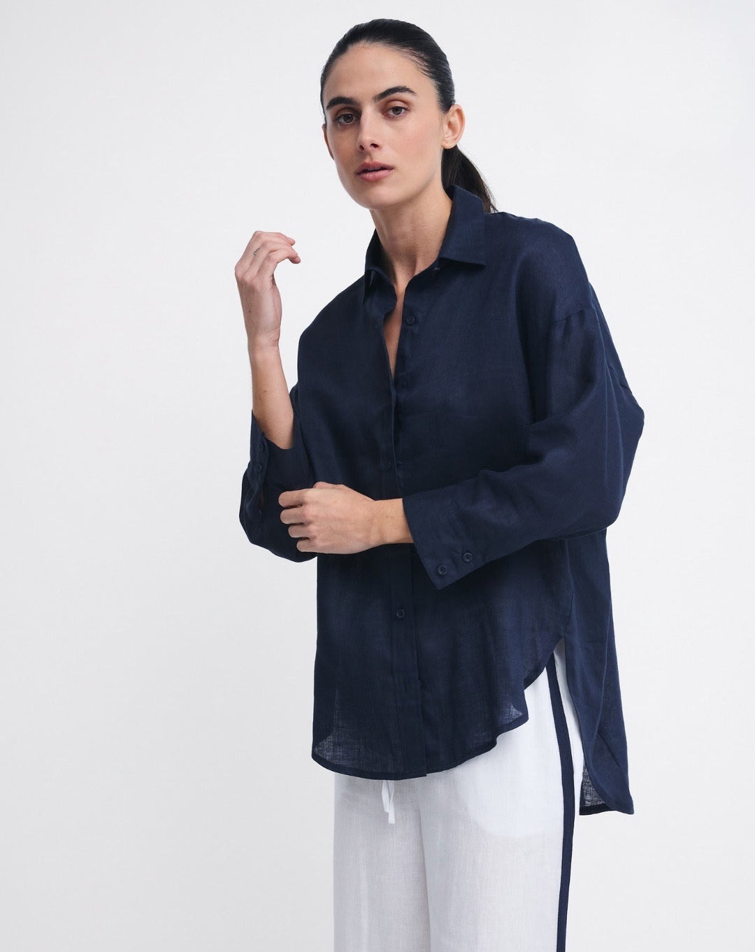 Boyfriend Linen Shirt Navy Blue