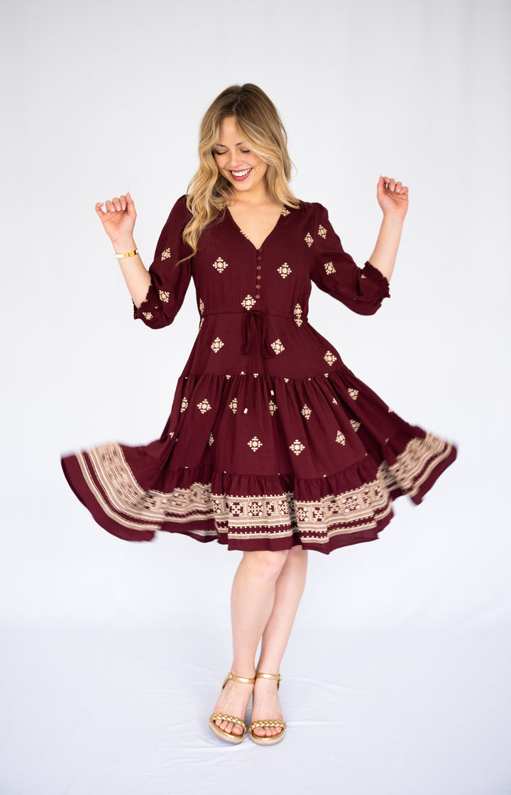 Marlowe Embroidered Dress Wine