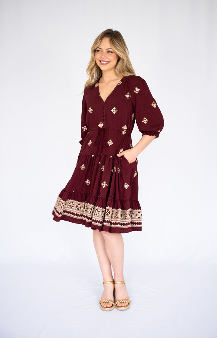 Marlowe Embroidered Dress Wine