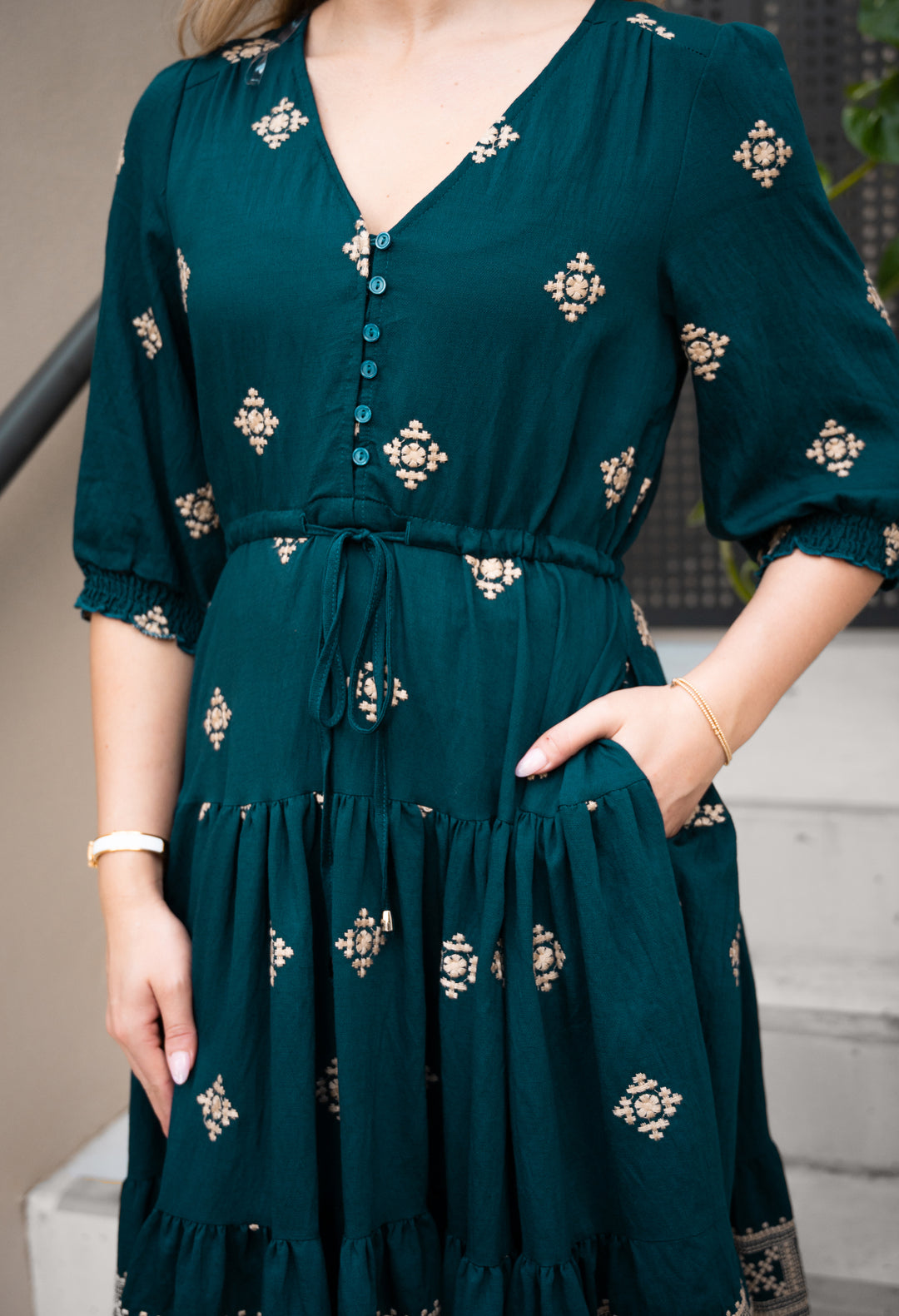 Marlowe Embroidered Dress Emerald