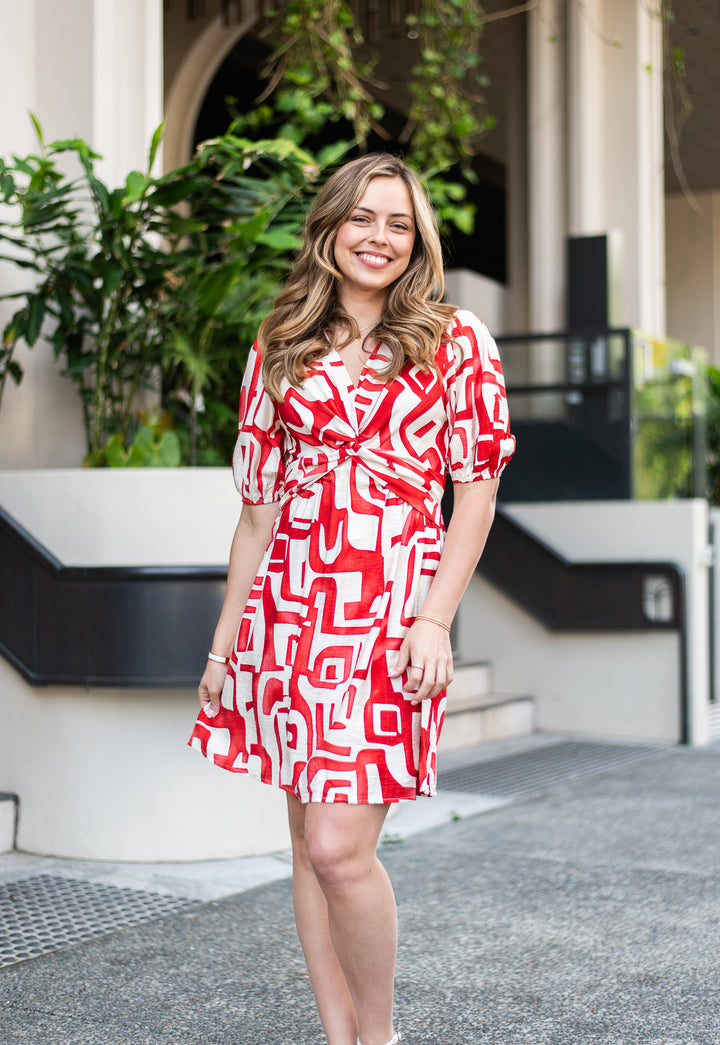 Cross Front Red Geo Dress