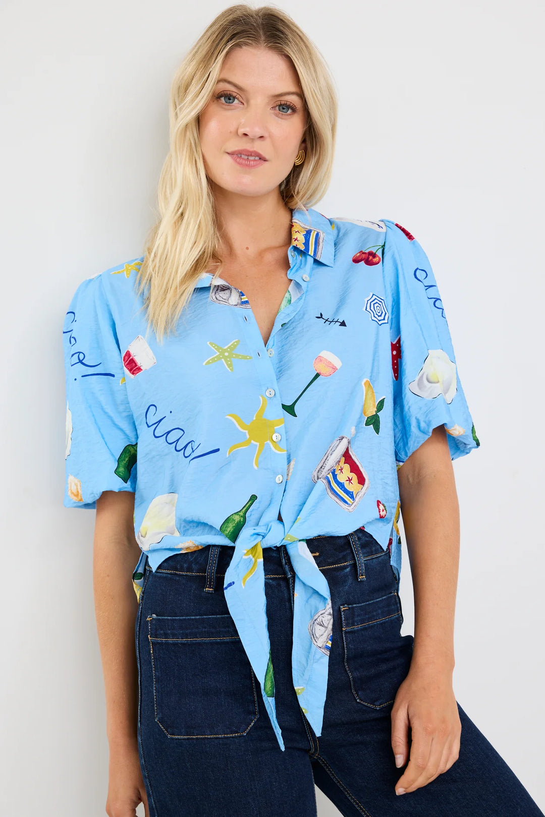 Blue Holiday Tie Front Shirt