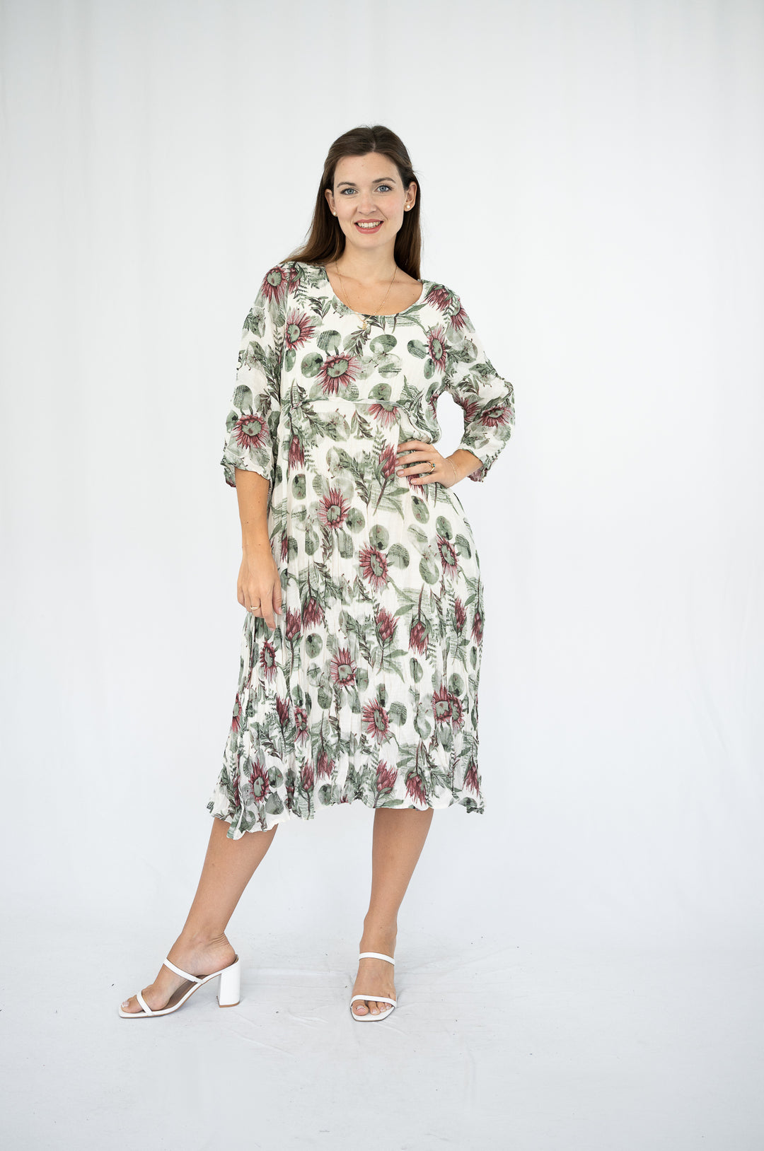 Floral Curved Hem Crinkle Dress