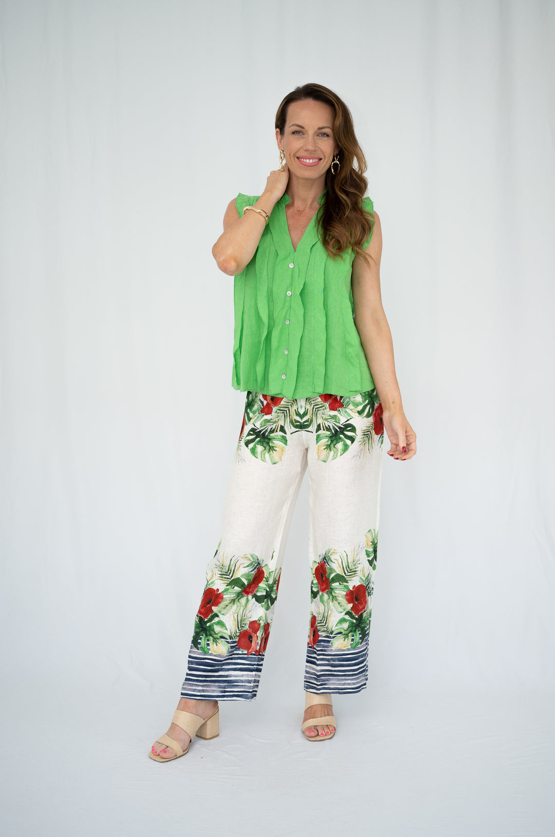 Isola Frill Linen Top Green