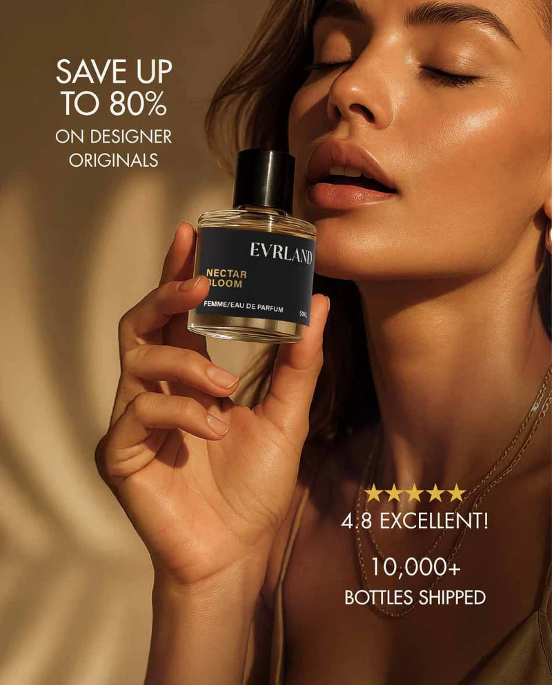 Woman holding a Evrland perfume bottle with promotional text on a warm background