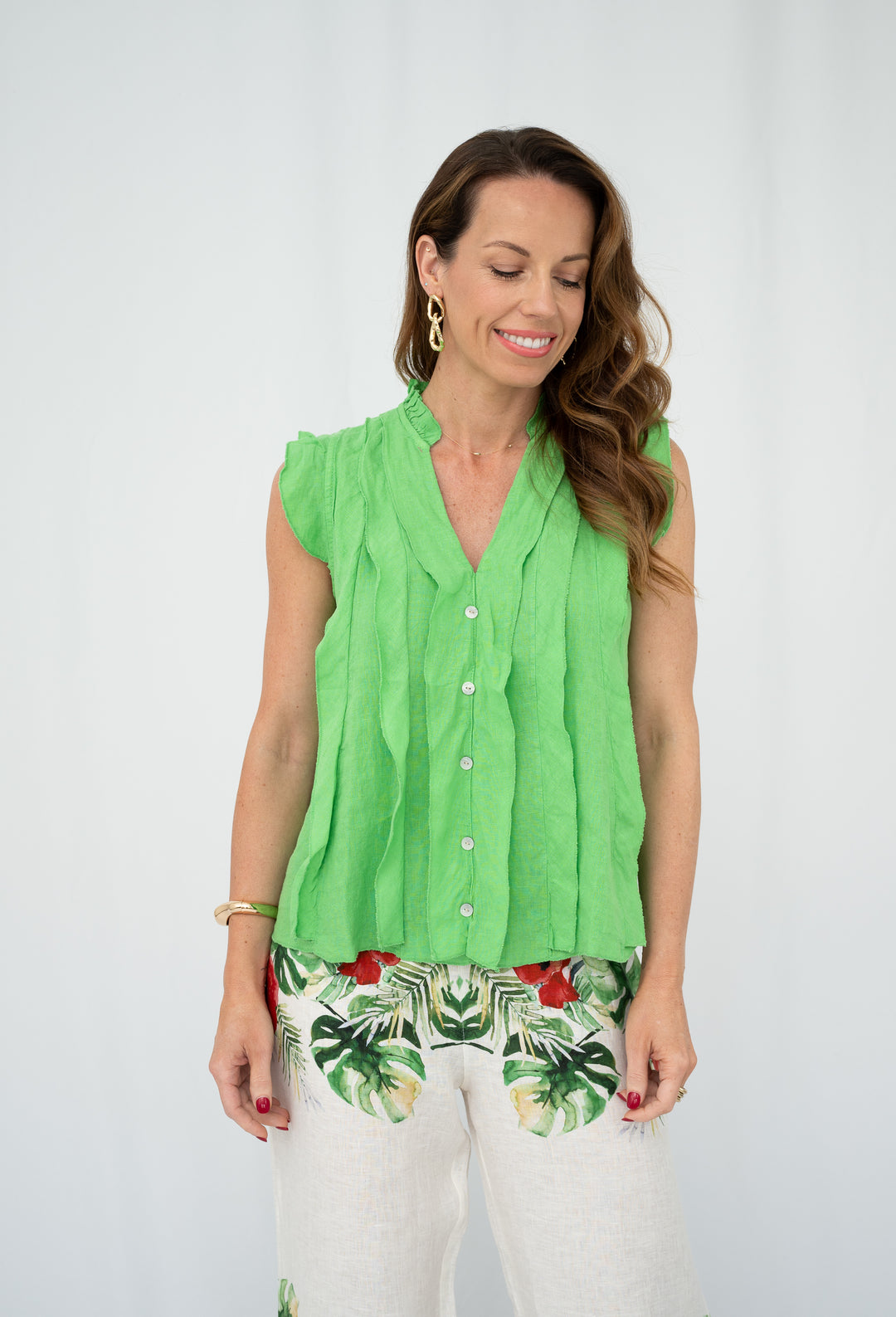green Italian linen top
• frill detail linen blouse
• premium Italian linen clothing
• lightweight linen top for summer
• linen top for Queensland heat