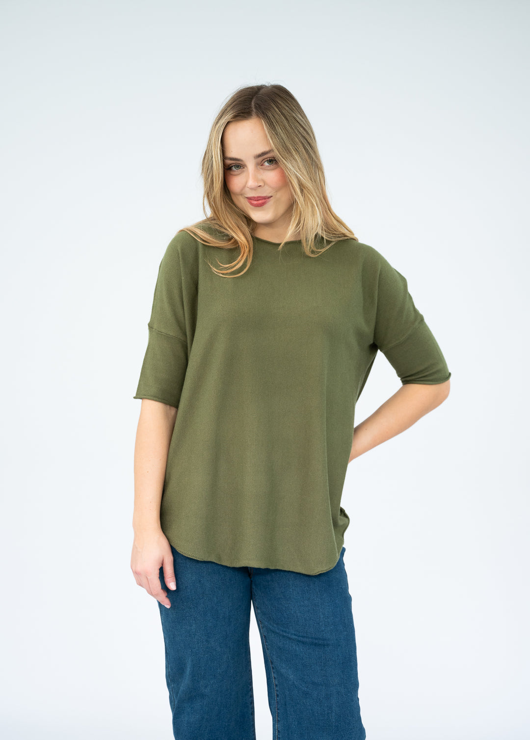 Anita Curved Hem Knit Khaki