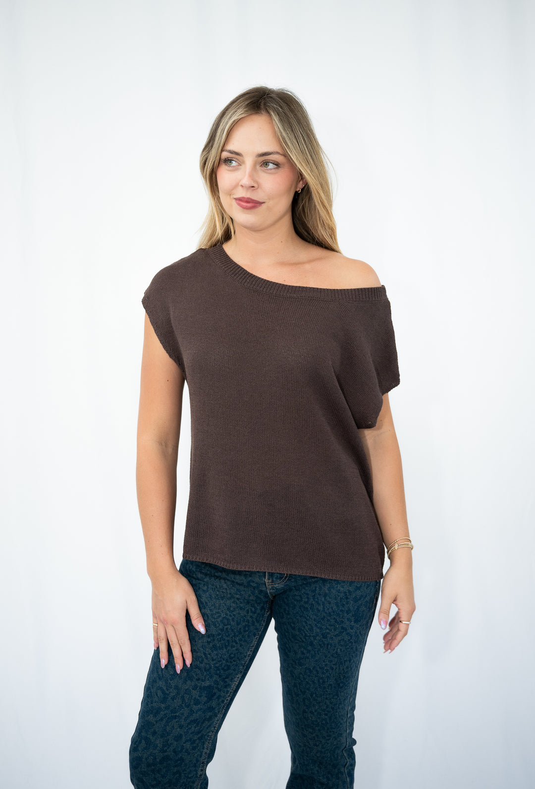 Avery One Shoulder Knit Top Choc