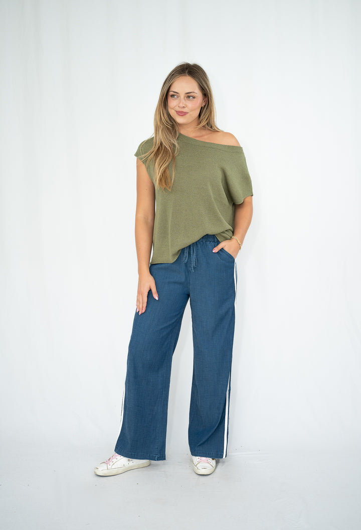 Avery One Shoulder Knit Top Khaki