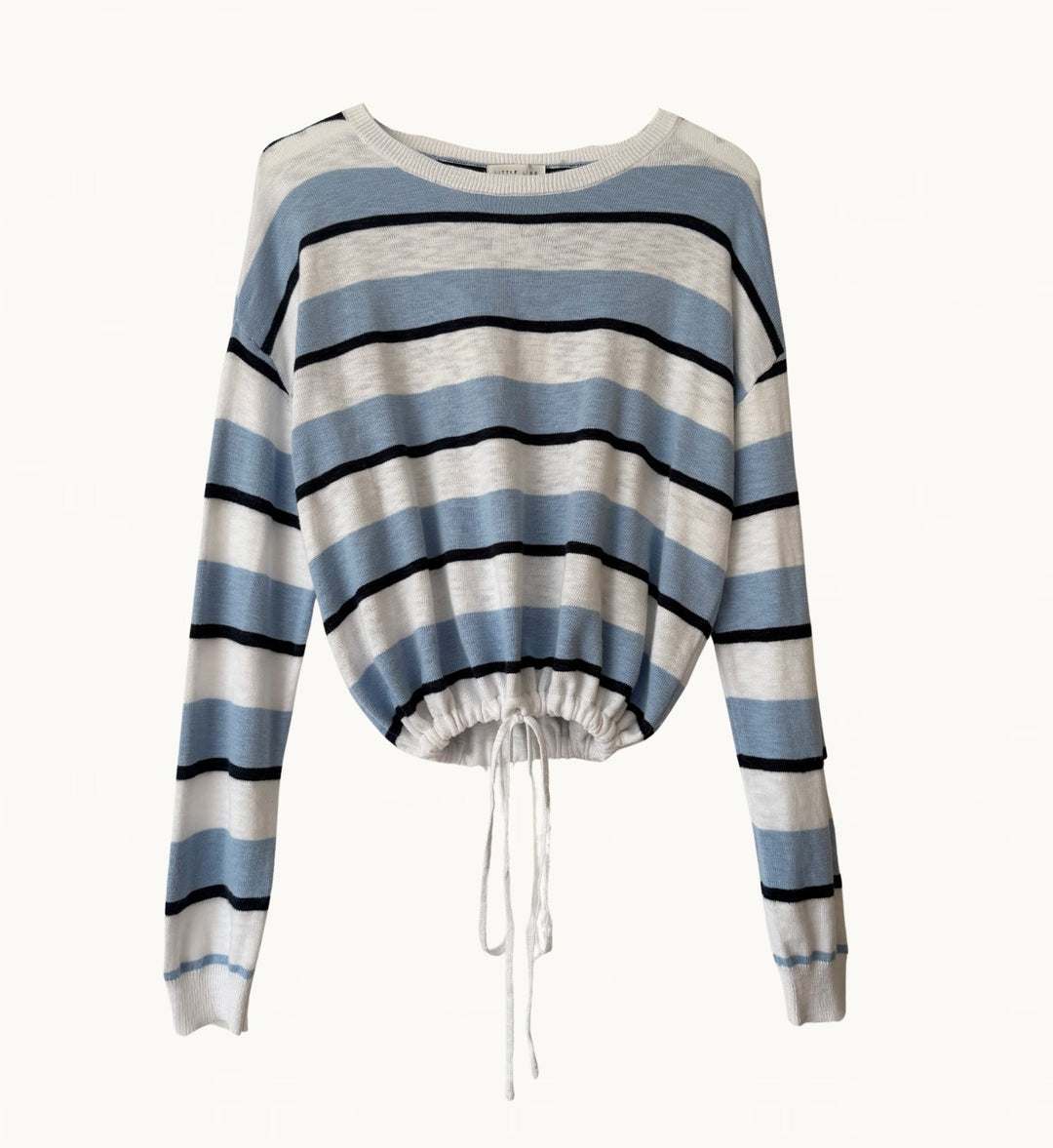 A long-sleeve knit sweater with horizontal stripes in light blue, white, and black, featuring a drawstring hem.