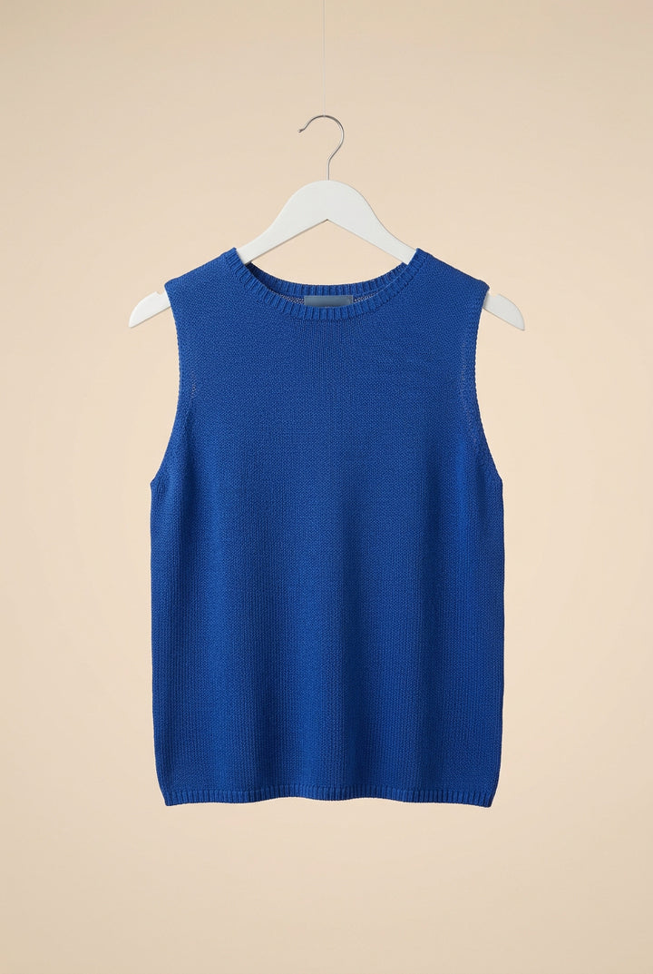A sleeveless blue knit top hanging on a white hanger against a white paneled door.
