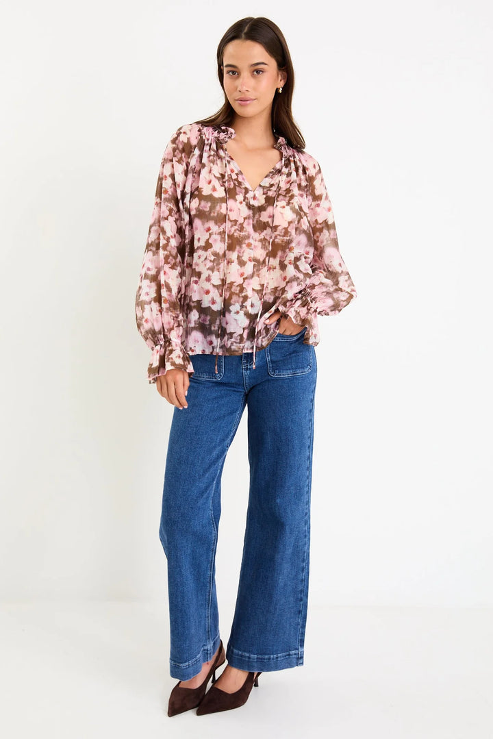 Odyssey Choc Floral Shirred Neck Shirt