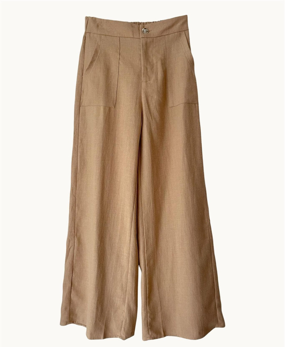 Beige wide-leg pants on a white background