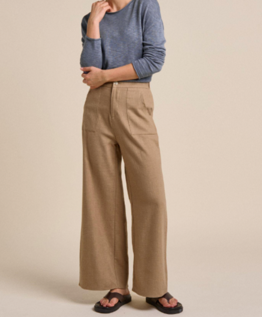 Person wearing a blue sweater and beige wide-leg pants on a beige background