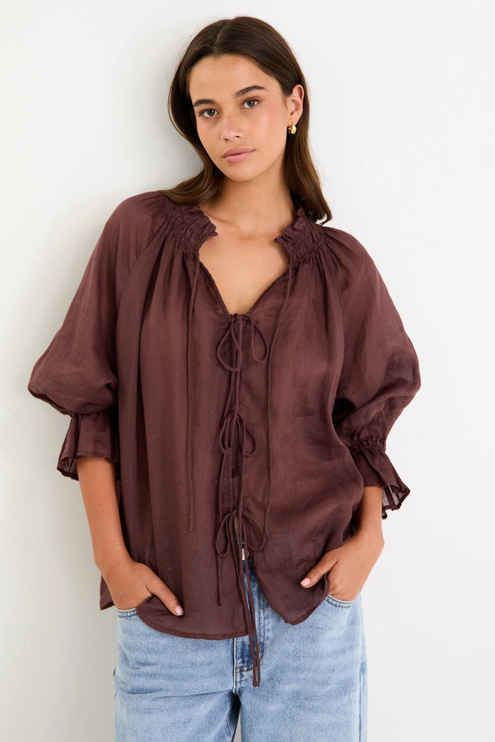 Chocolate Tie Front Ramie Top