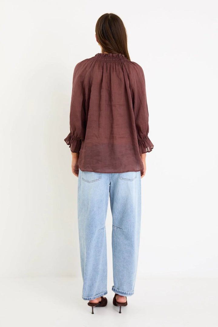 Chocolate Tie Front Ramie Top
