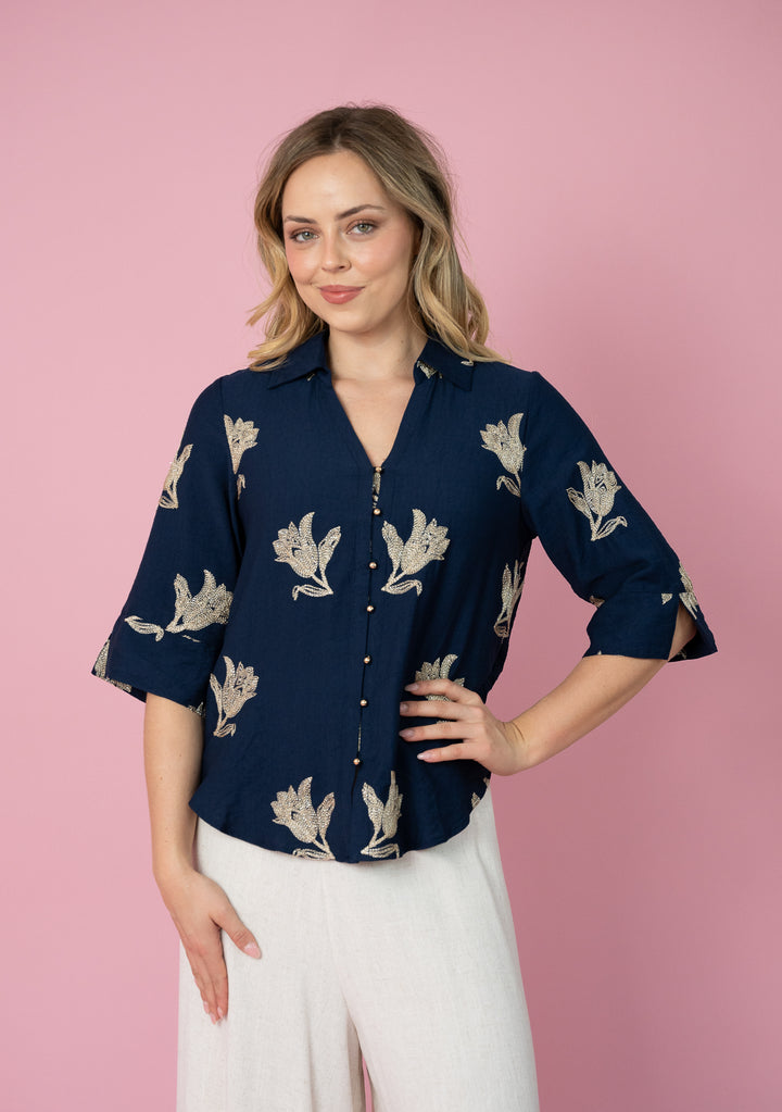 Champagne Bloom Gold Button Top