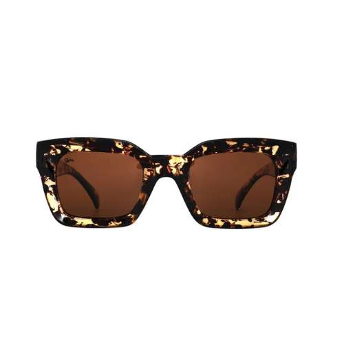 Sunglasses with tortoiseshell frame and brown lenses on a white background