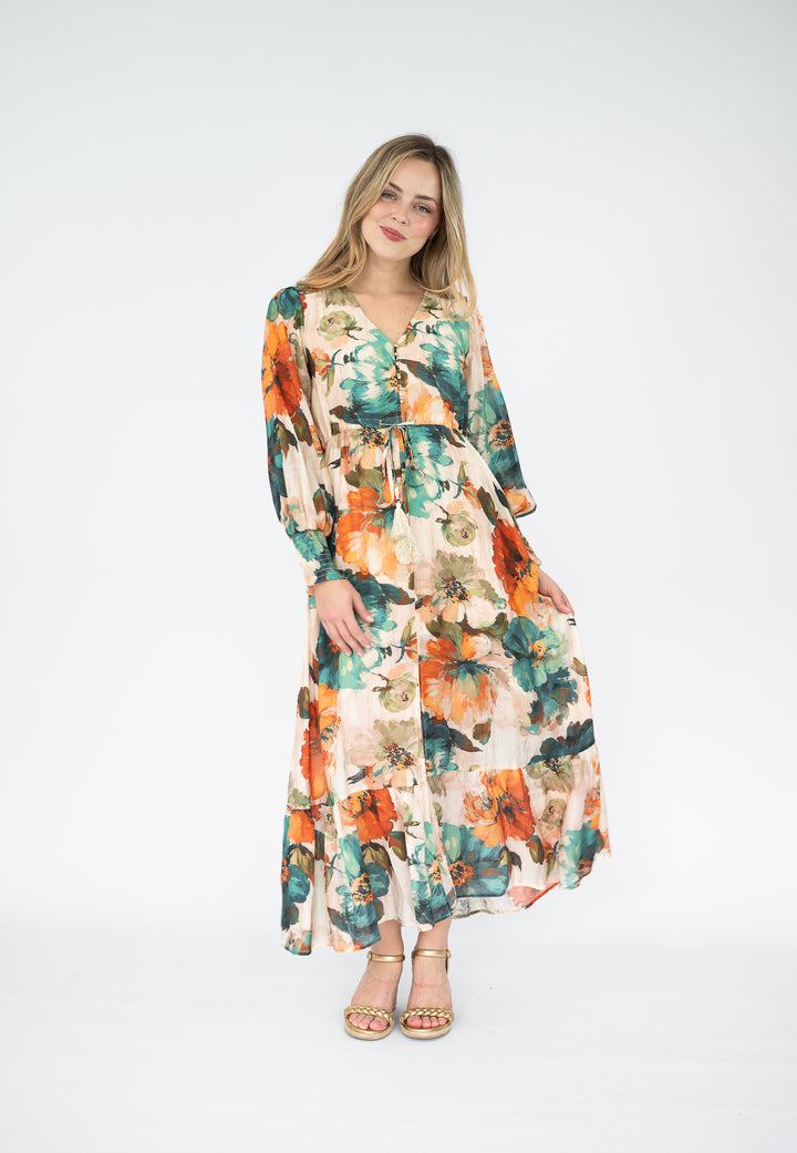 Woman wearing a floral dress on a white background