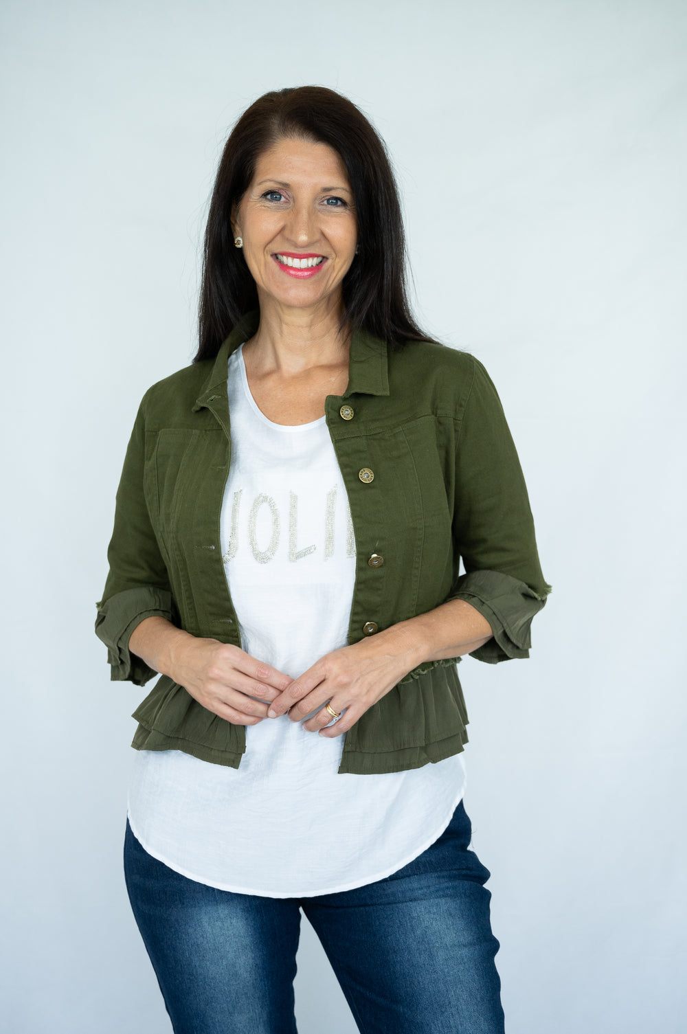 Lightweight khaki jacket with frill sleeve detail front view