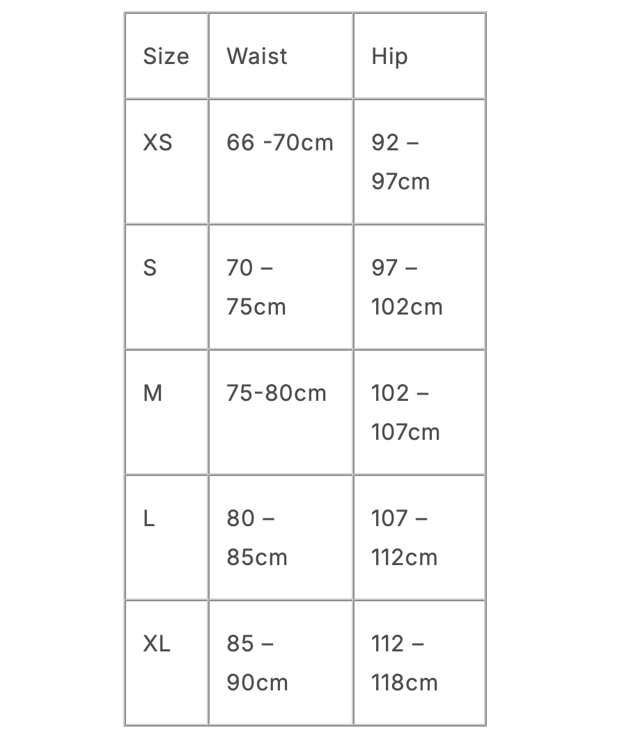 A size chart table showing waist and hip measurements by size: XS, S, M, L, and XL, with ranges in centimeters on a light gray background.