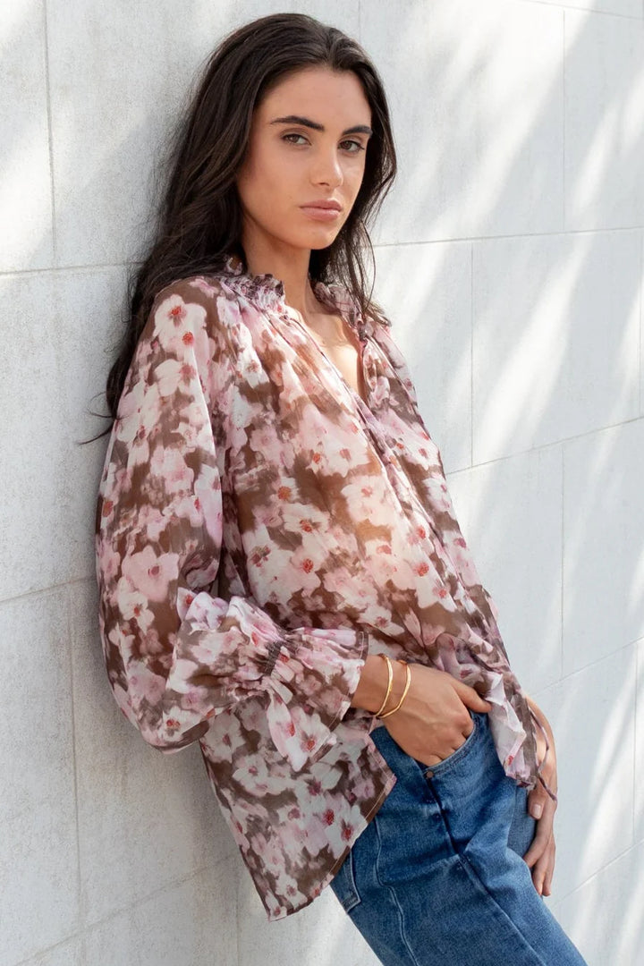Odyssey Choc Floral Shirred Neck Shirt