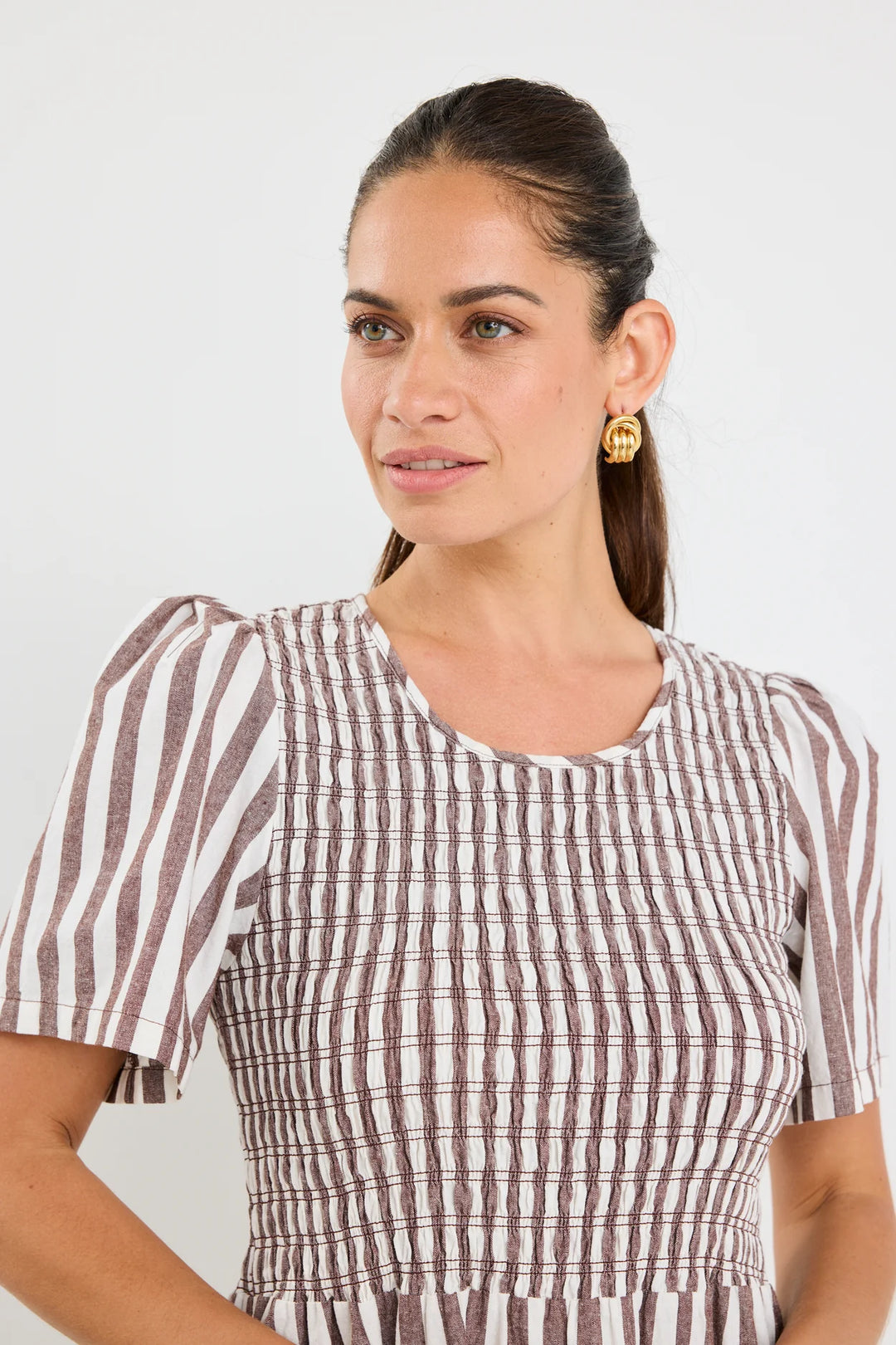 Wren Choc Stripe Shirred Midi Dress