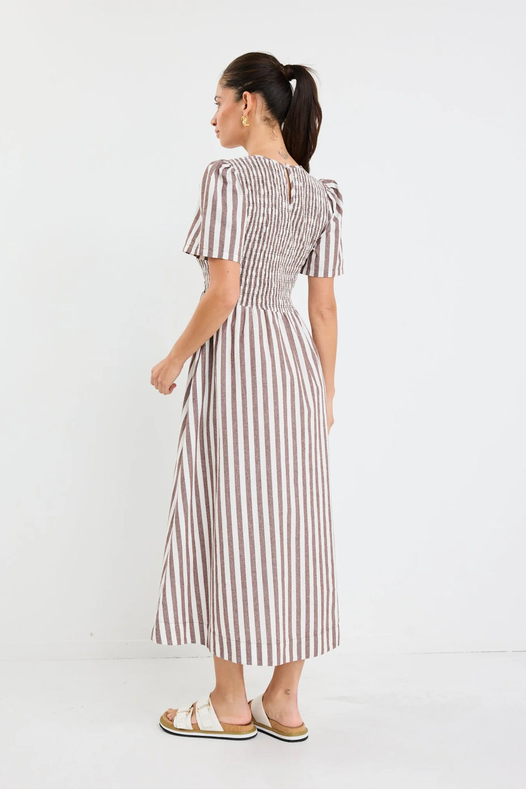 Wren Choc Stripe Shirred Midi Dress