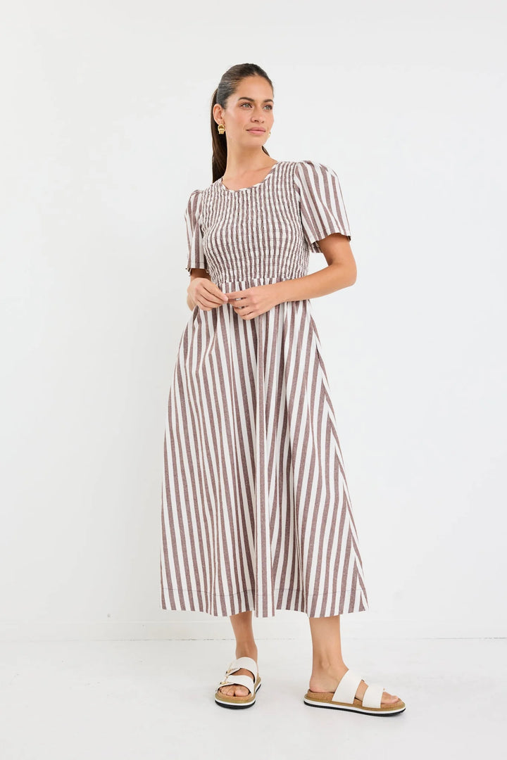 Wren Choc Stripe Shirred Midi Dress