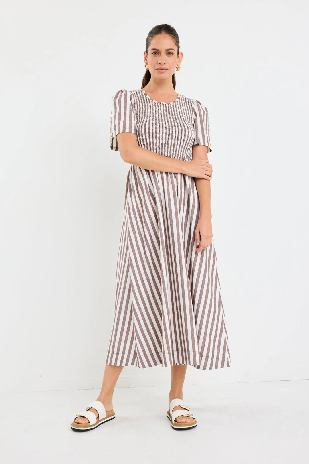 Wren Choc Stripe Shirred Midi Dress