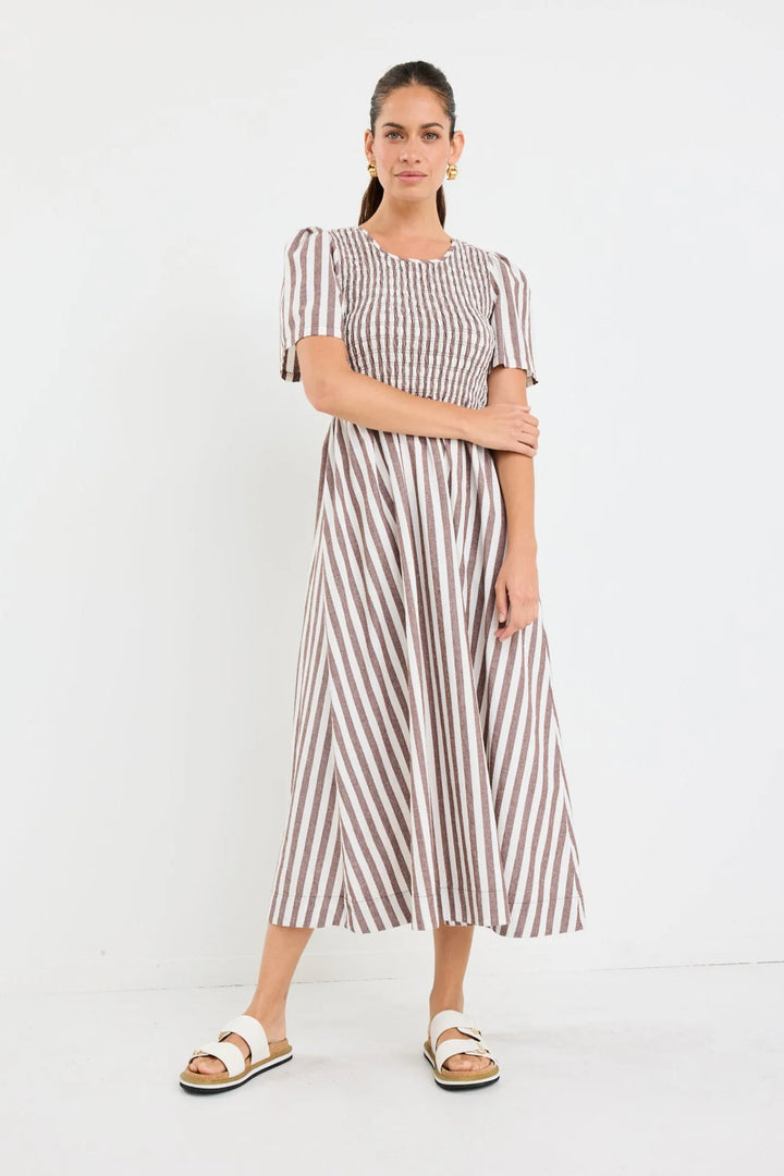 Wren Choc Stripe Shirred Midi Dress