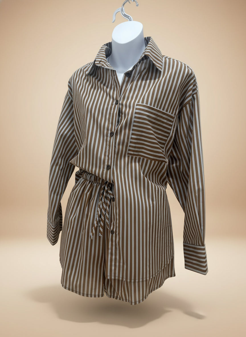 Striped shirt dress on a mannequin with a beige background