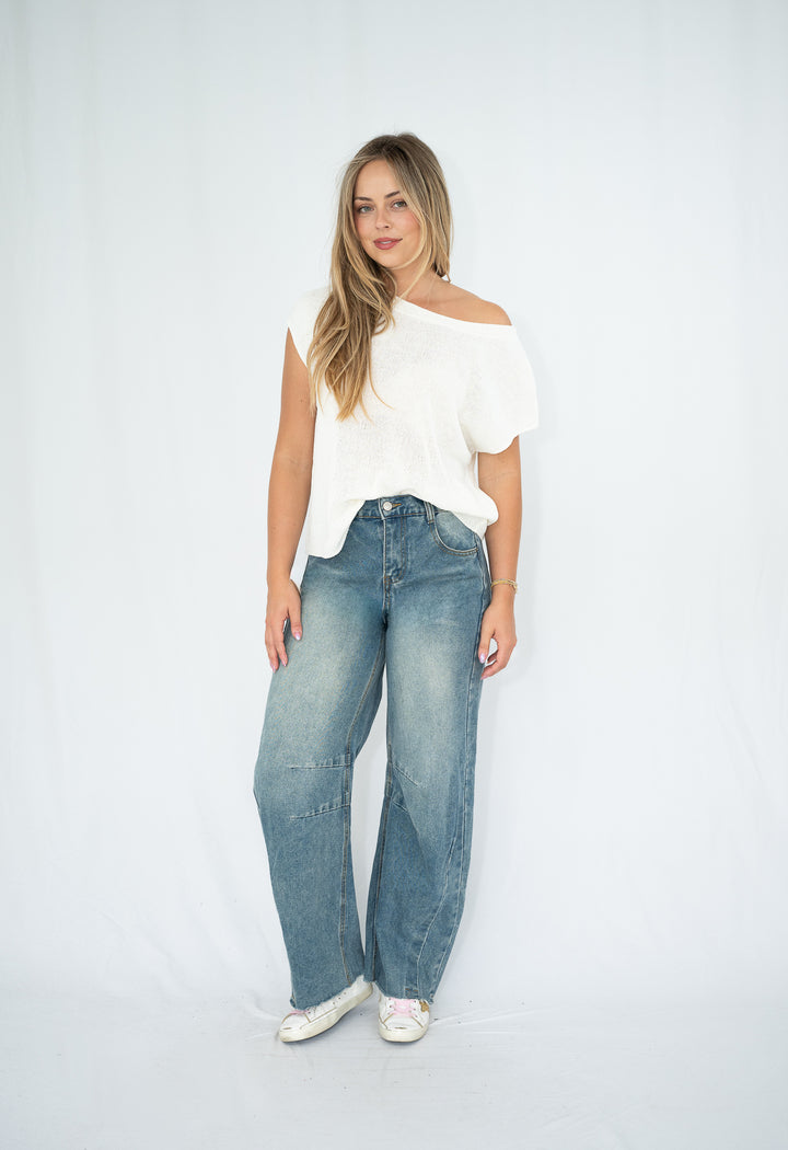 Avery One Shoulder Knit Top White