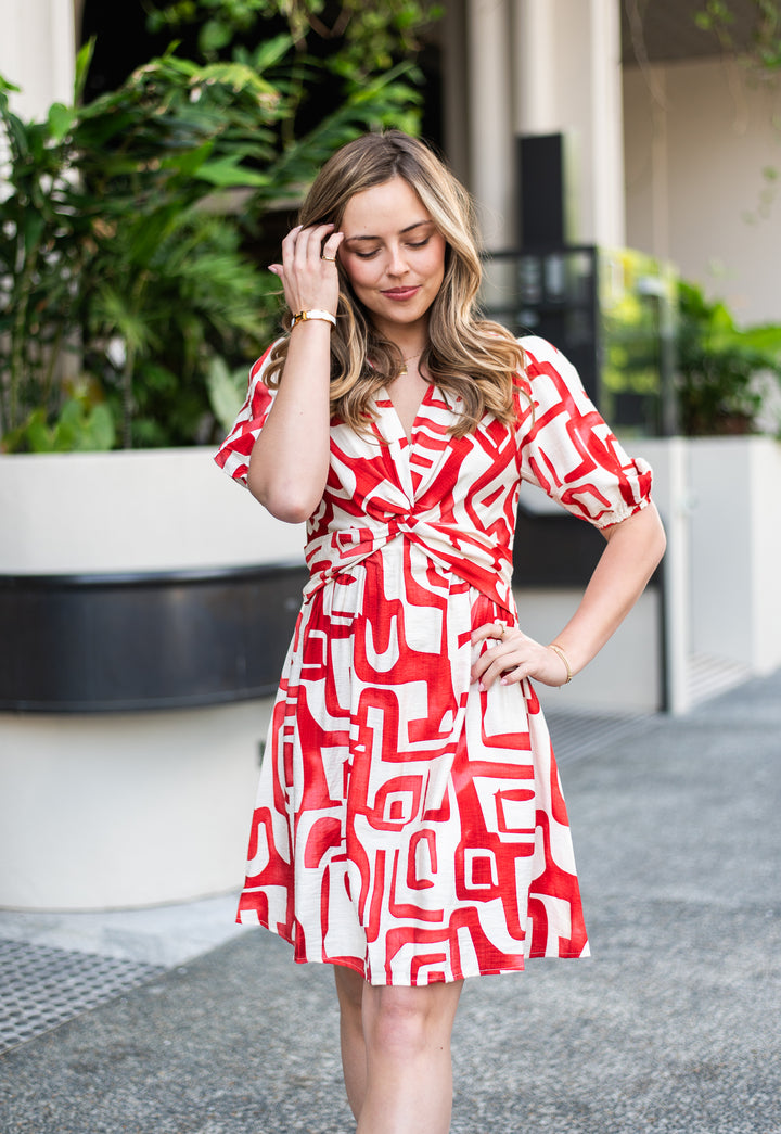 Cross Front Red Geo Dress