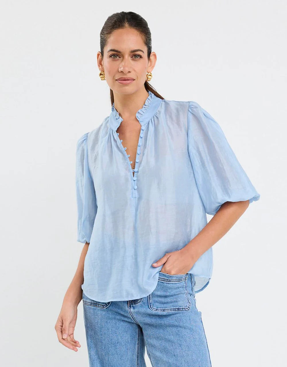 Closure Buttoned Top Sheer Blue
