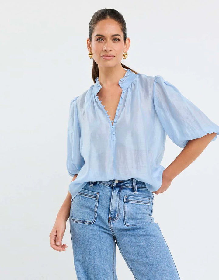 Closure Buttoned Top Sheer Blue