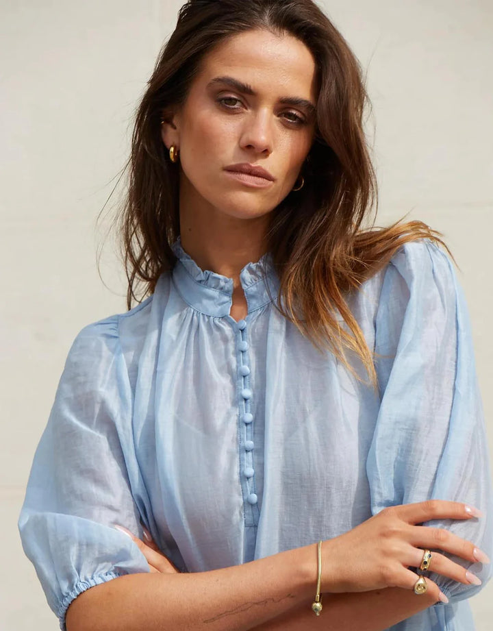 Closure Buttoned Top Sheer Blue