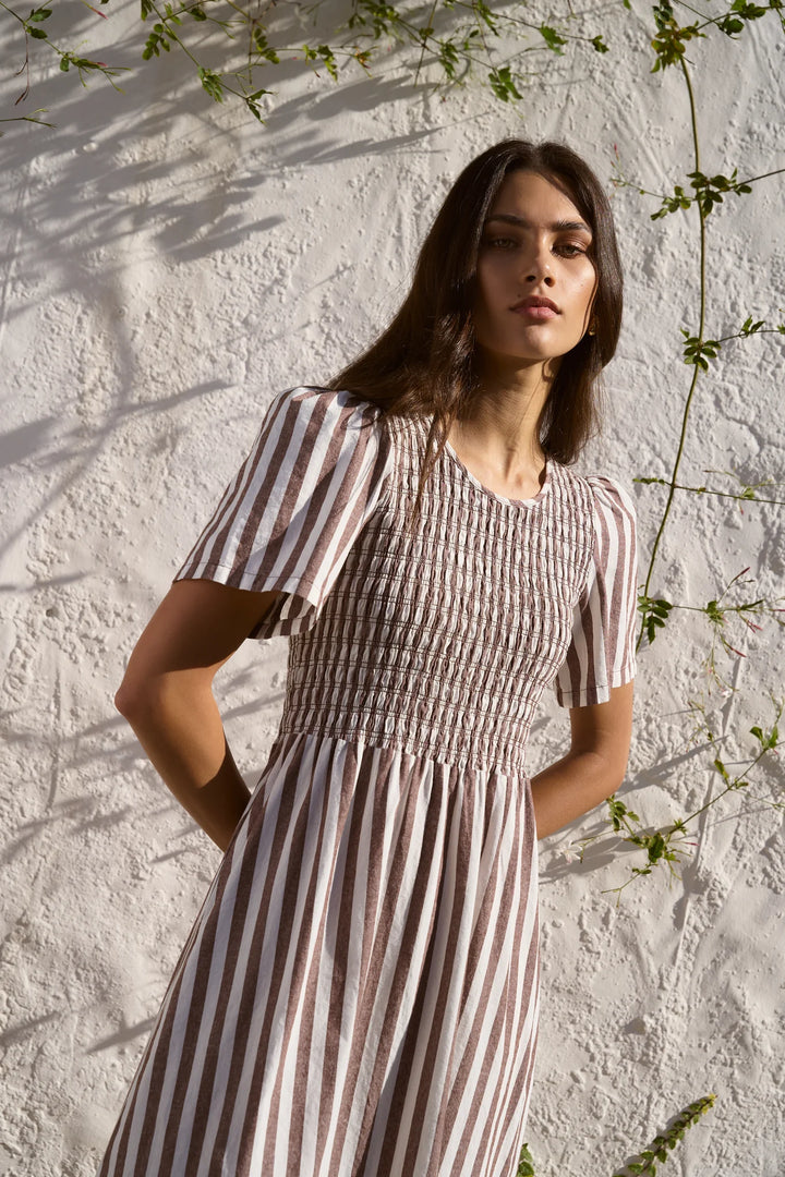 Wren Choc Stripe Shirred Midi Dress
