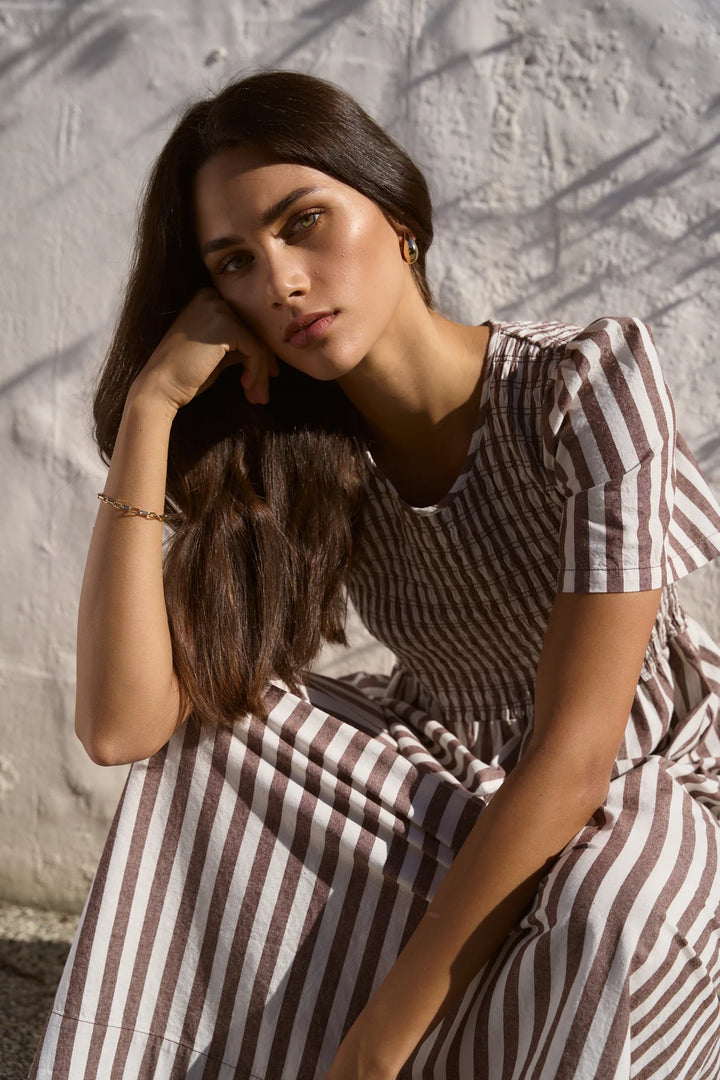 Wren Choc Stripe Shirred Midi Dress